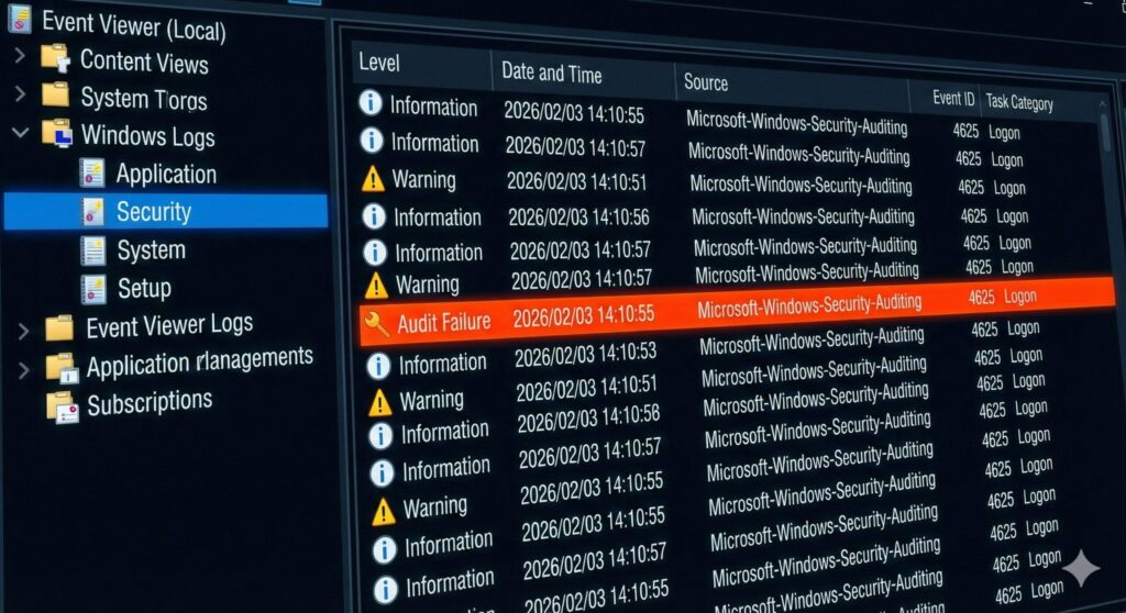 Windowsイベントビューアーの画面構成図。セキュリティログの監査失敗(イベントID 4625)がハイライトされている