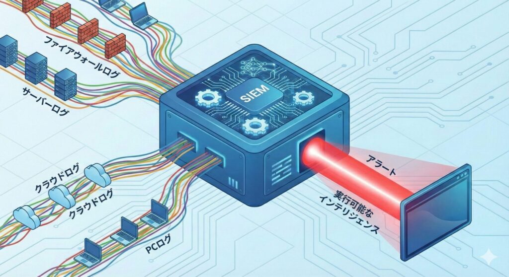 複数の機器から発生したバラバラのログがSIEMに集約され、分析処理を経て明確な脅威アラートとして出力される仕組みの図解