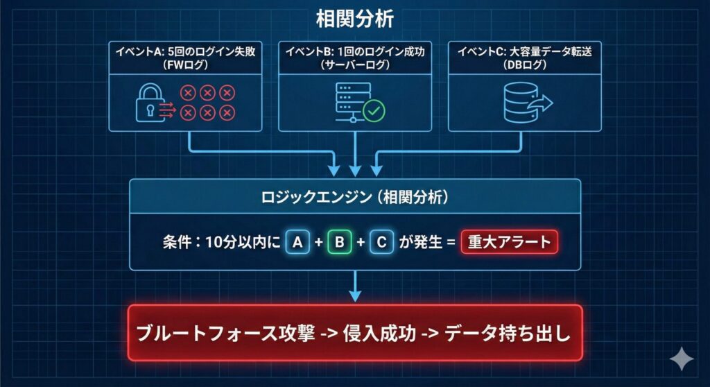  ログイン失敗の連続、その後の成功、データの持ち出しという異なるイベントを組み合わせ、相関分析によって「データ流出インシデント」として検知するフロー図
