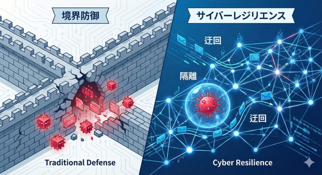 従来の境界防御とサイバーレジリエンスの概念比較図。防御壁が突破される様子と、攻撃を検知・隔離して回復する柔軟なネットワークの対比。