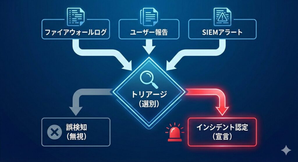 検知と分析フェーズのフローチャート。ログや通報からトリアージを経て、インシデント認定に至るまでのプロセス図。