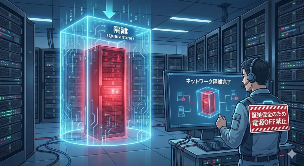 感染したサーバーをネットワーク的に隔離し、証拠保全のために電源を切らないよう警告している封じ込めフェーズのイメージ図。