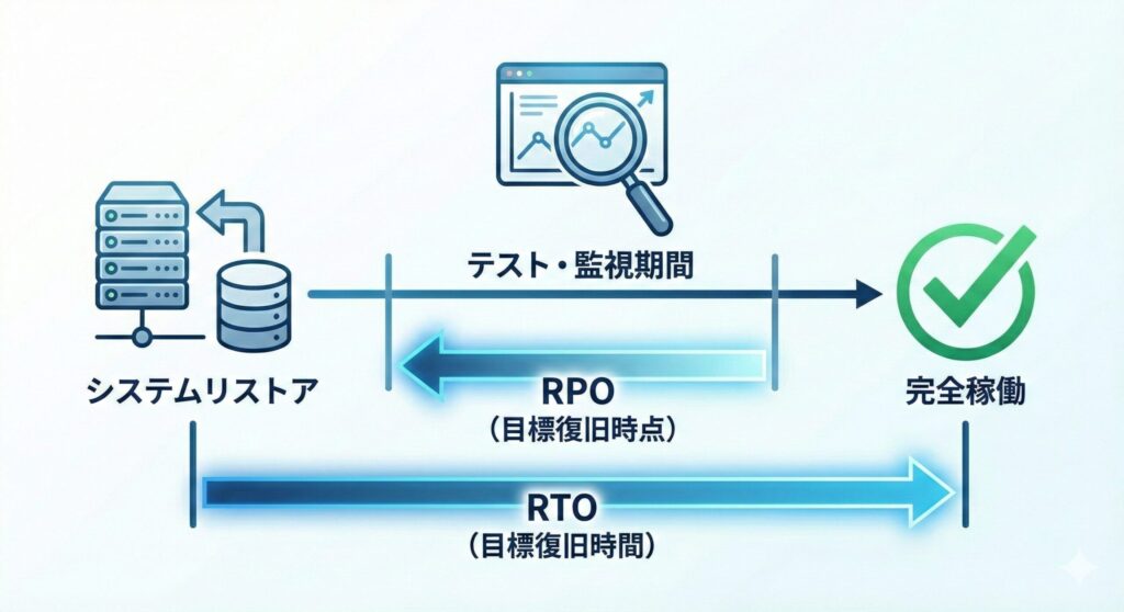 システム復旧のタイムライン図。リストア、テスト・監視期間、完全再開の流れと、RPO・RTOの概念を示した図解。