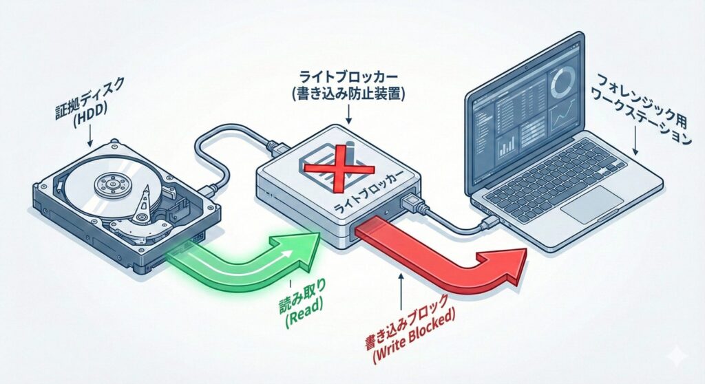 ライトブロッカーを使用した証拠ディスクの安全な接続構成図