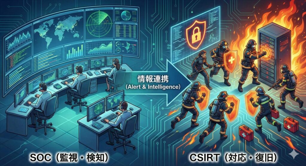 SOC(監視・検知)とCSIRT(対応・復旧)の役割イメージ図