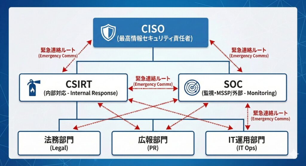 セキュリティガバナンスにおける組織図とCISO・CSIRT・SOCの関係