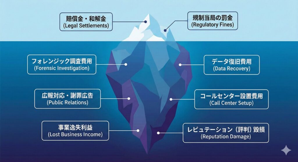サイバーインシデントにおけるコストの氷山モデル。目に見える賠償金以上に、フォレンジック調査や復旧、営業損失などの隠れたコスト（ファーストパーティリスク）が膨大であることを示す図。