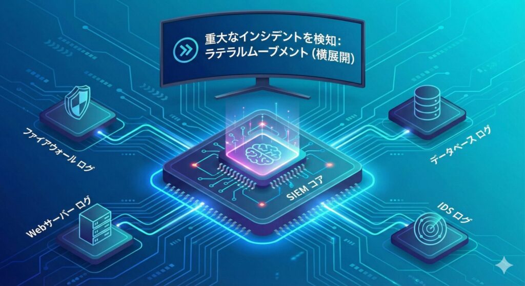 FW、Web、DBなどの複数ログをSIEMが集約し相関分析を行ってインシデントを検知する仕組みの図解