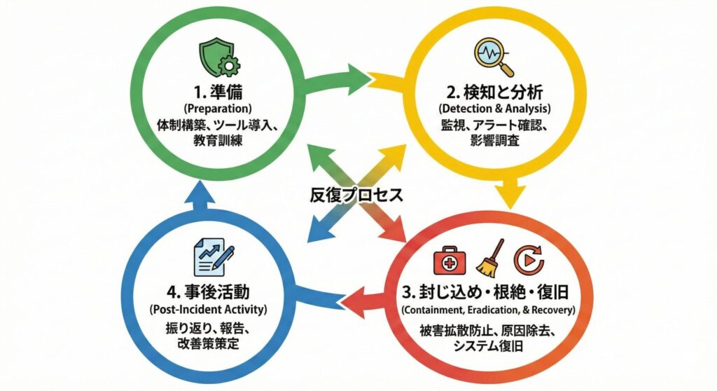 NIST基準のインシデントレスポンス4フェーズ(準備、検知・分析、封じ込め・根絶・復旧、事後活動)を示すフローチャート