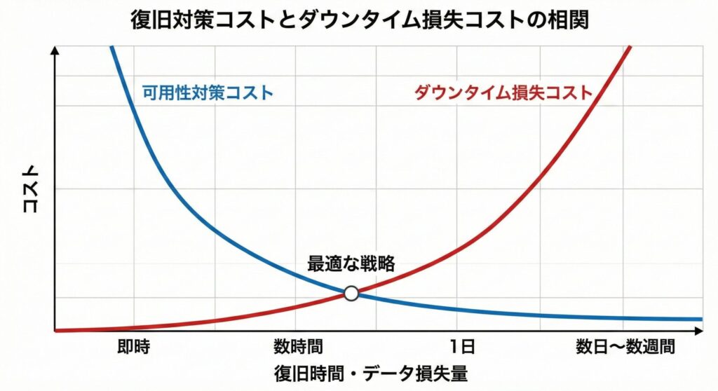 復旧対策コストとダウンタイムによる損失コストの相関グラフ。RPO/RTOを短くすると対策コストは上がり、長くすると損失コストが上がるトレードオフの関係を示す