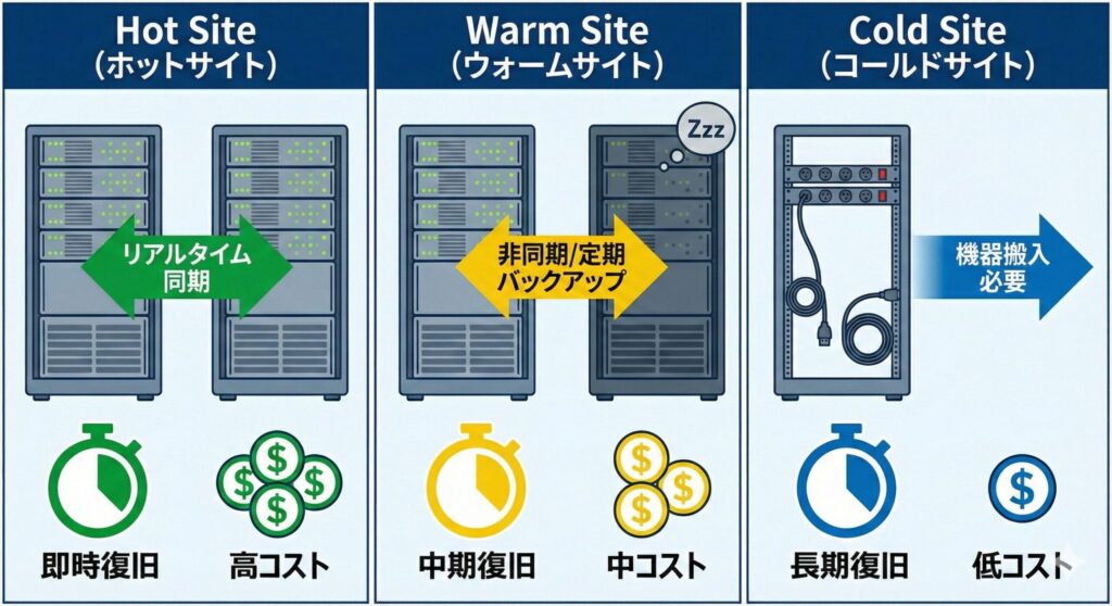 ホットサイト、ウォームサイト、コールドサイトの3つの方式を比較した図解。復旧スピード(時計アイコン)とコスト(金銭アイコン)のトレードオフを視覚的に表現。