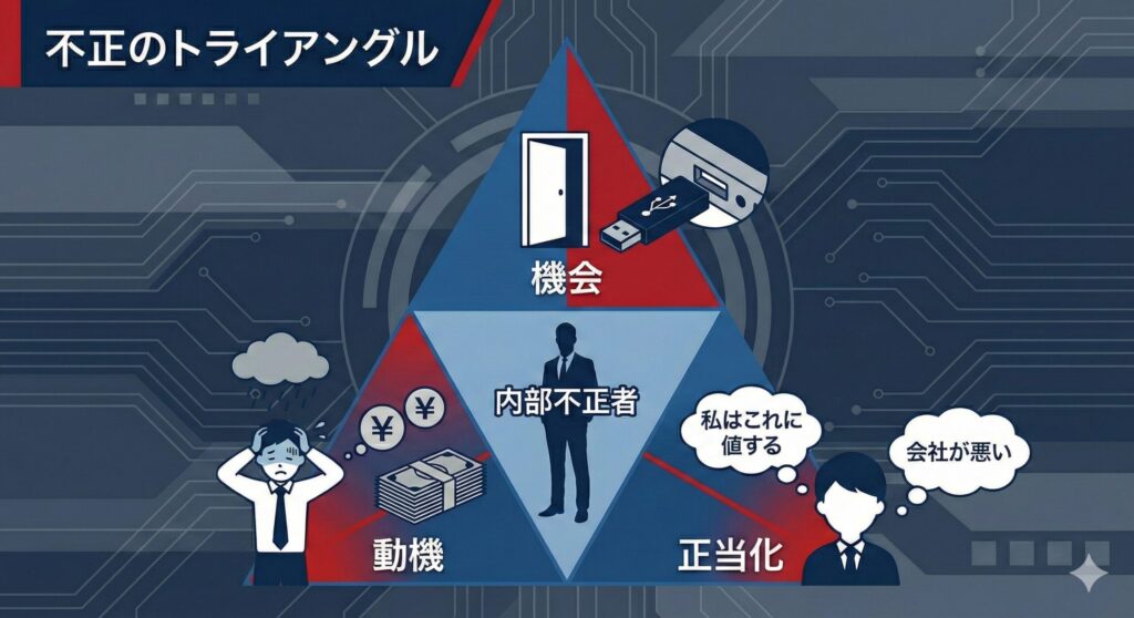内部不正発生の3要素「機会・動機・正当化」を示す不正のトライアングルの詳細図解