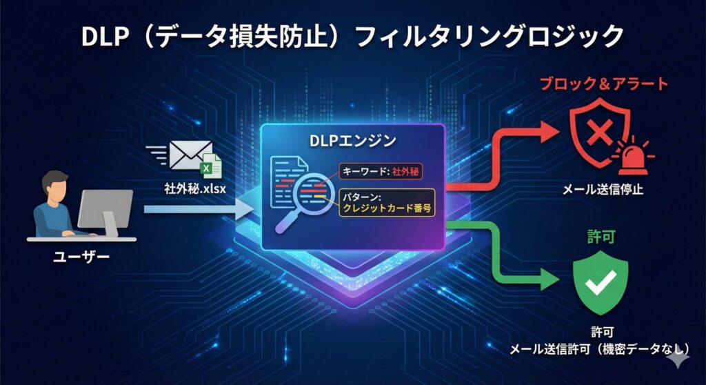 機密データを含むメール送信をキーワードやパターンマッチングで遮断するDLPの検知フロー図