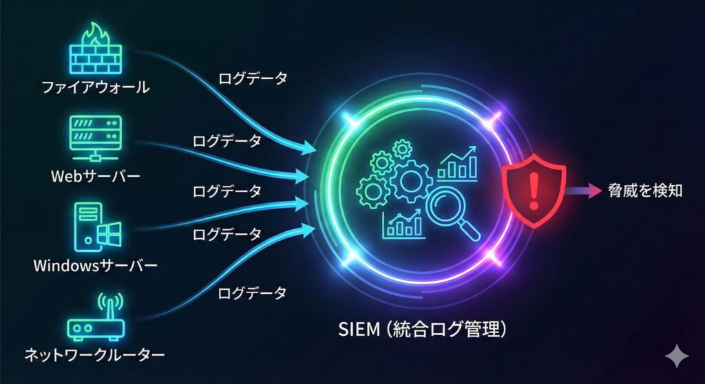 複数のサーバーやネットワーク機器からログを収集し、相関分析を行うSIEMの概念図
