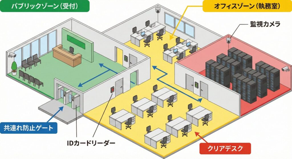 パブリックゾーン、執務ゾーン、サーバー室の3段階に分けられたオフィスの入退室管理とゾーニング図