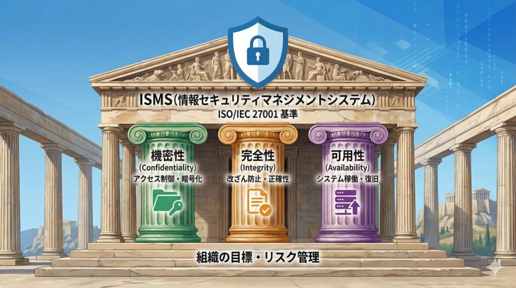 ISMSと情報セキュリティの3要素(機密性・完全性・可用性)の関係図