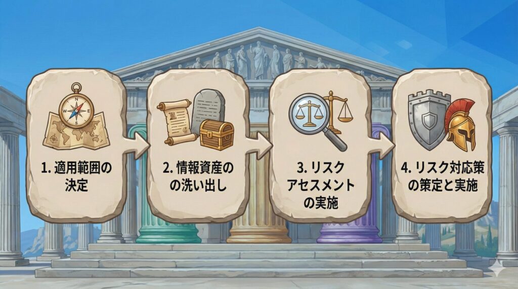 ISMSの構築フローとリスクアセスメントの手順図