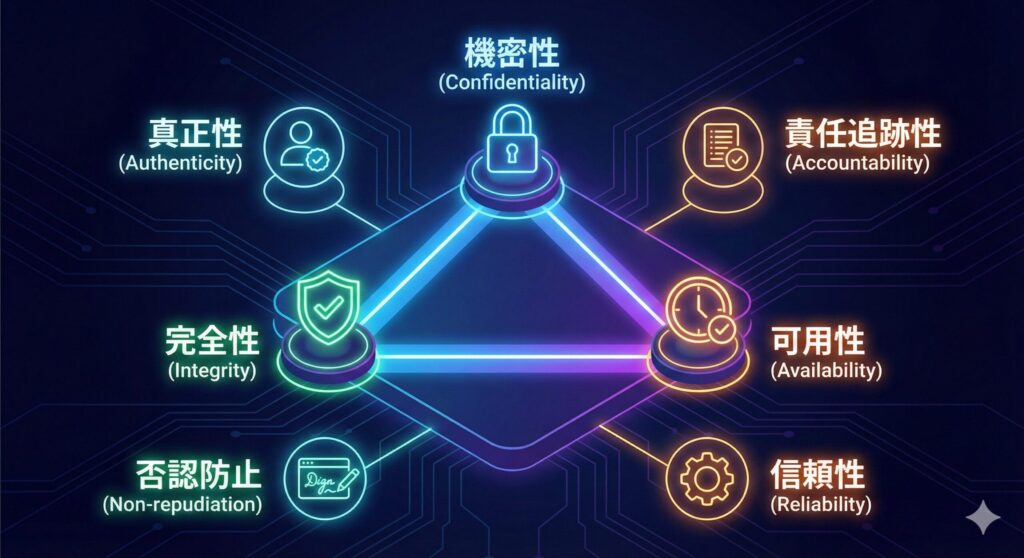 機密性・完全性・可用性のCIAトライアドと、関連する拡張属性の概念図
