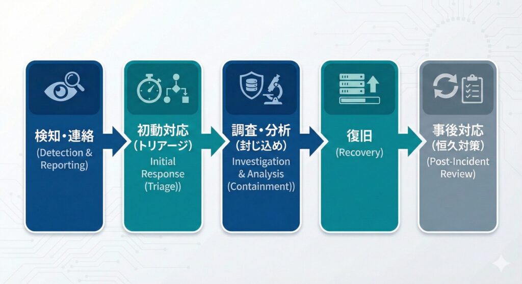 インシデント対応のフェーズ分けを示すフローチャート