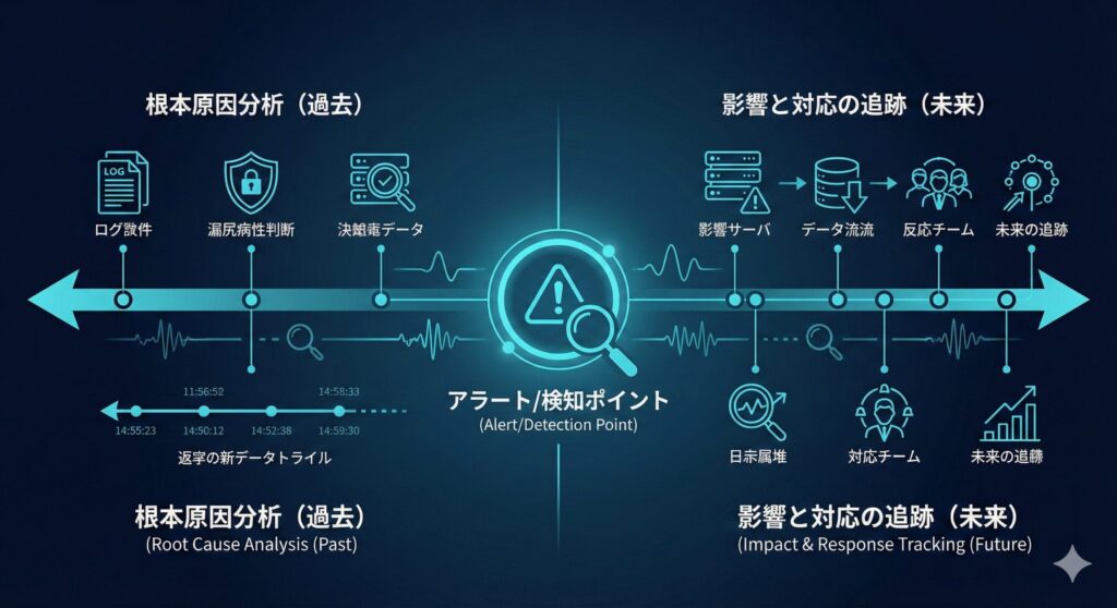 検知を起点とした過去と未来へのタイムライン分析図