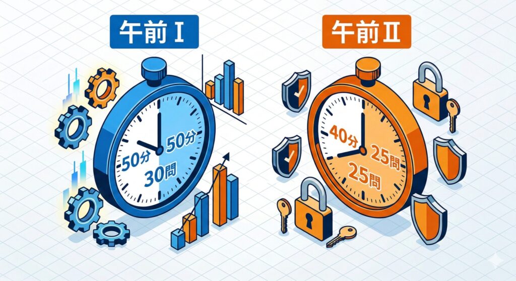 午前Ⅰ(50分/30問)と午前Ⅱ(40分/25問)の時間配分と出題傾向の違いを示す図解