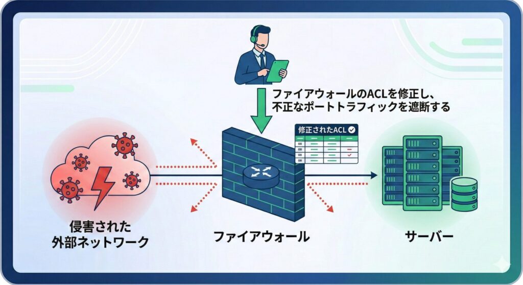 ファイアウォール設定変更によるアクセス制御の対策概念図