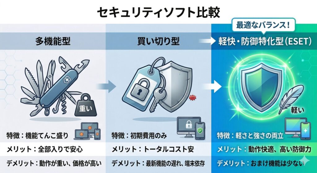 多機能型、買い切り型、軽快・防御特化型（ESET）の比較図。ESETが軽さと防御力のバランスに優れていることを示している。