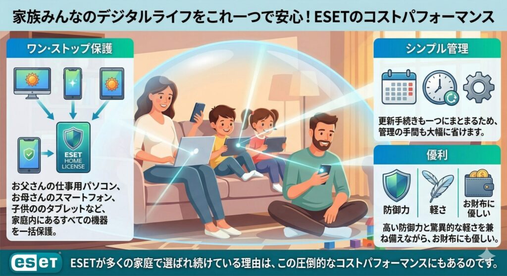 家族みんなのデバイスをまとめて保護し、安心を提供するESETのイメージ。リビングルームで笑顔でデバイスを使う家族。
