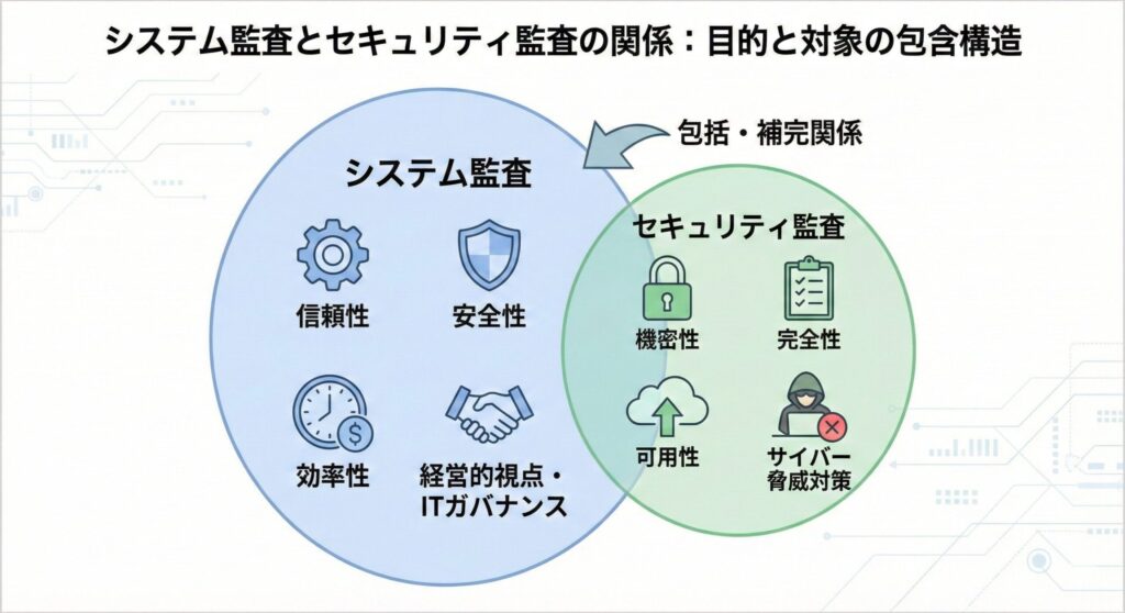 システム監査とセキュリティ監査の違いと関係性を示すベン図