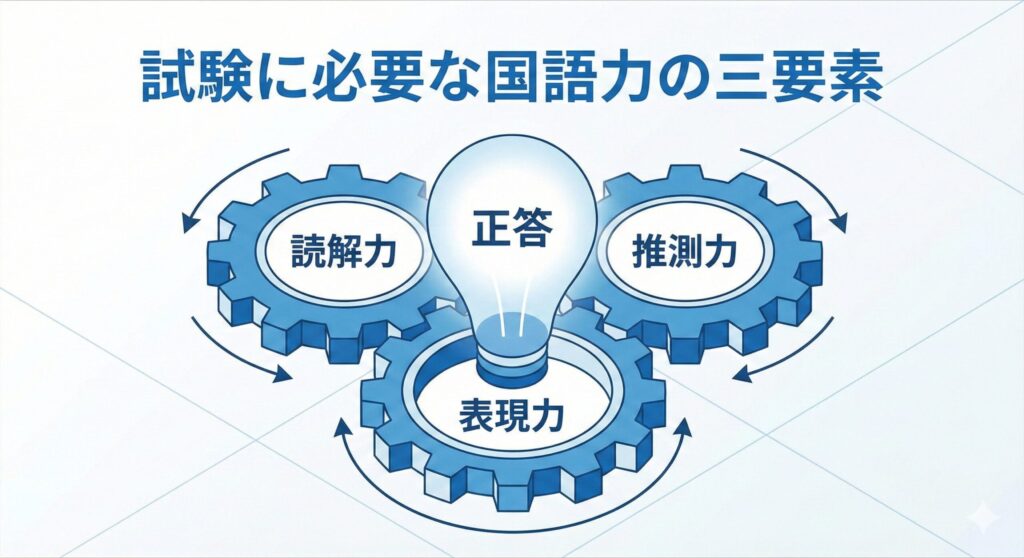 読解力、推測力、表現力の3要素が組み合わさって国語力となる図解