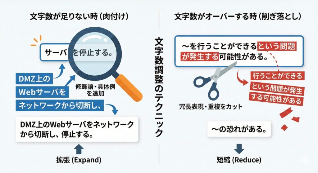 文字数が足りない時は修飾語を追加し、文字数がオーバーする時は冗長表現を削るイメージ図