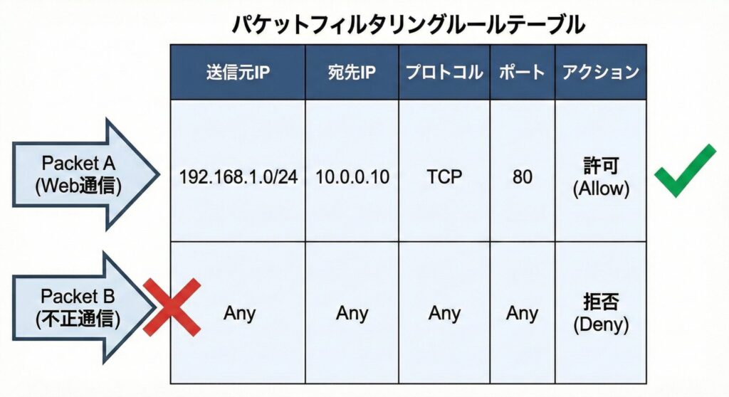 ファイアウォールのパケットフィルタリングルールの評価メカニズム