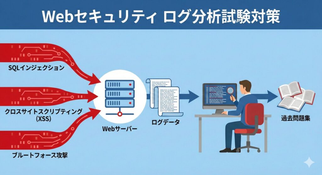 サイバー攻撃とWebサーバーのログ生成、および過去問を用いた分析プロセスを示す概念図
