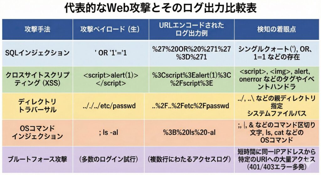 代表的なWeb攻撃手法ごとのペイロード、ログ出力例、および検知の着眼点を示す比較表