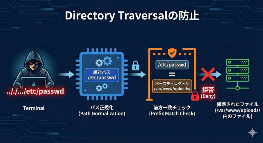 ディレクトリトラバーサル攻撃を防ぐためのパス正規化とディレクトリ検証（前方一致チェック）の仕組み