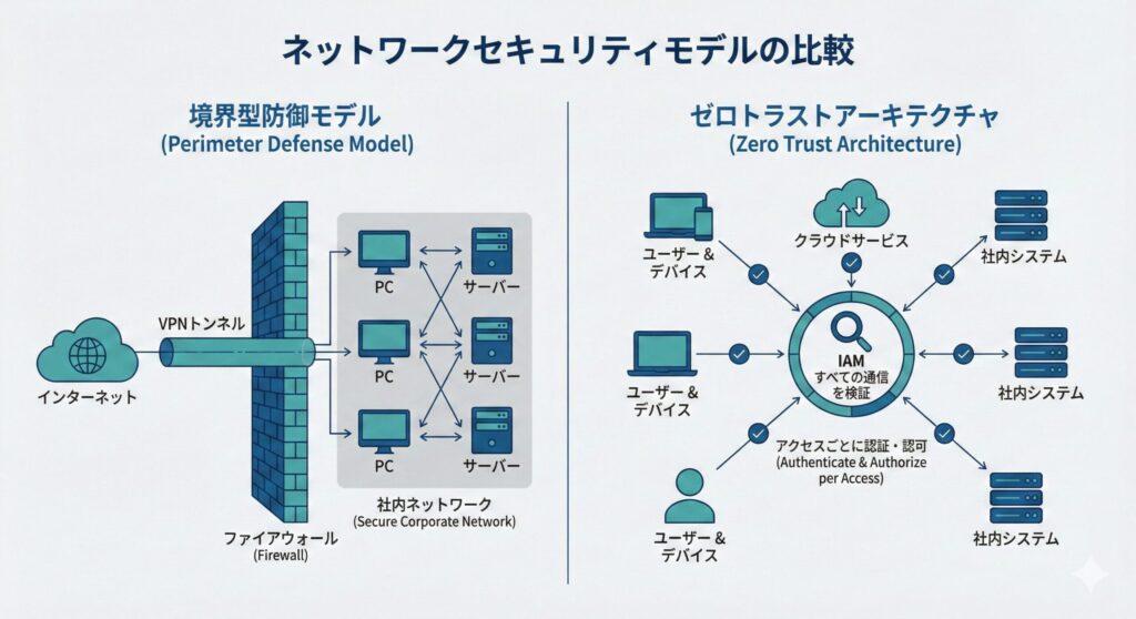 境界型防御モデルとゼロトラストアーキテクチャの比較図（日本語テキスト）
