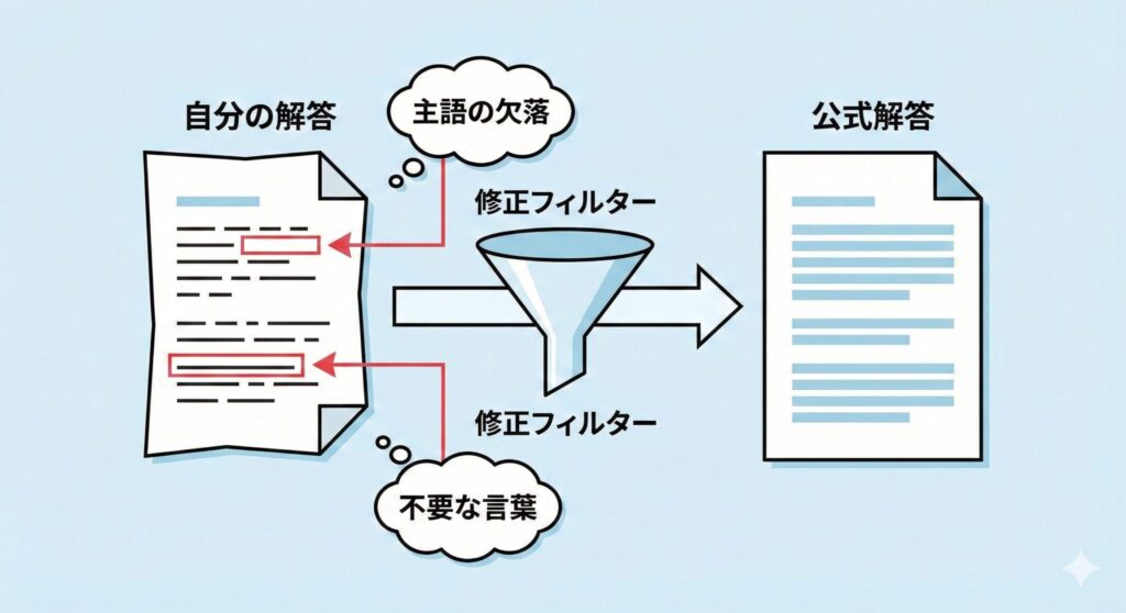 自分の解答と公式解答の差分を比較・可視化するプロセス図