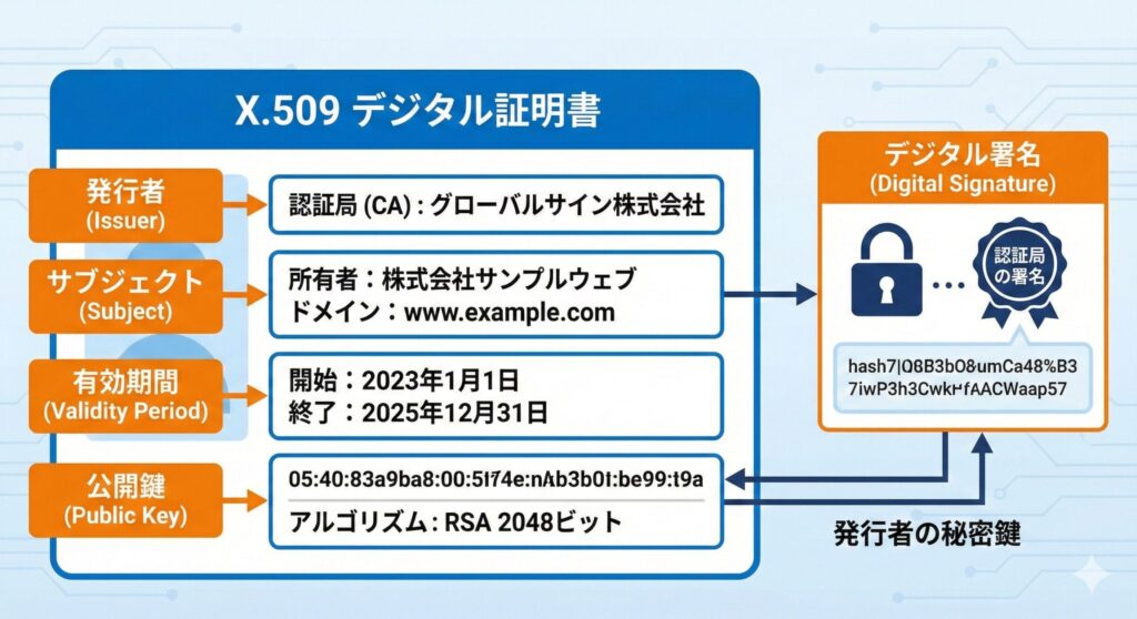 X.509デジタル証明書に含まれる主要なフィールドとデジタル署名の構造図