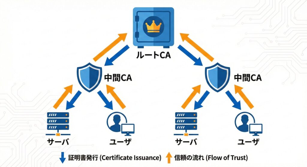 ルートCAから中間CA、エンドエンティティへと連なるPKIの階層構造と信頼のチェーン図