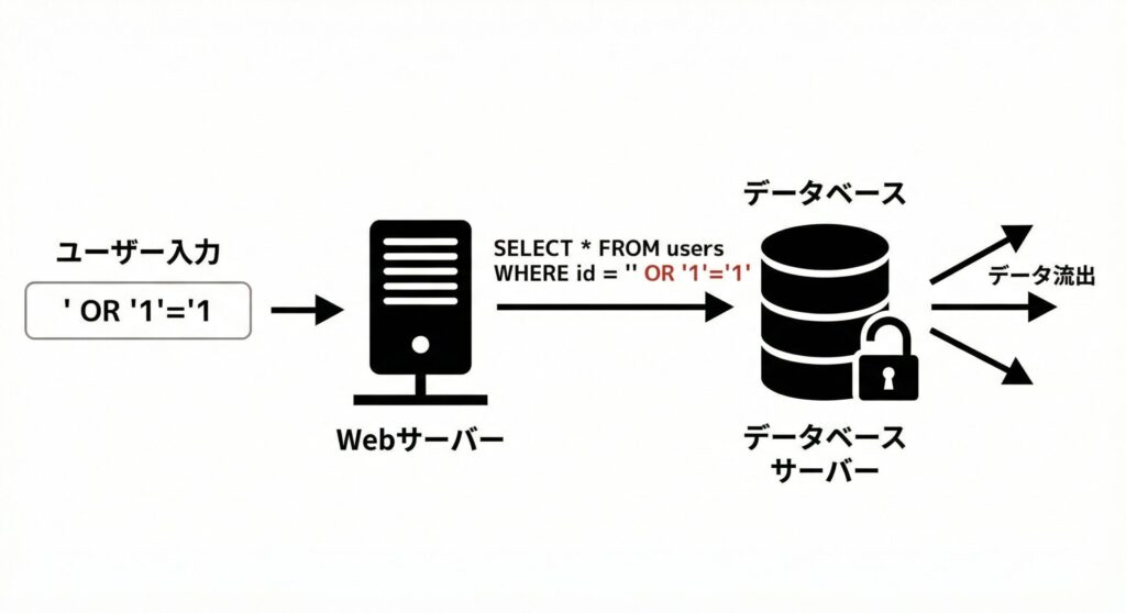 SQLインジェクションによって意図しないSQL文が実行され、データベースから情報が漏えいする仕組みの図解