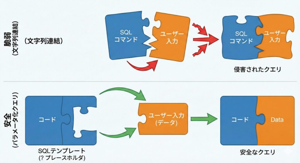 文字列連結によるSQL文生成(脆弱)とプレースホルダを利用したバインド処理(安全)の比較図