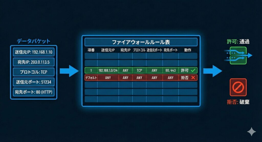 パケットヘッダ情報とFWルール表の照合プロセス図