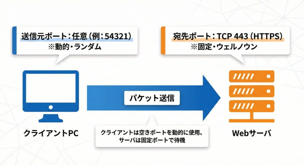 クライアント通信における送信元ポートと宛先ポートの違い