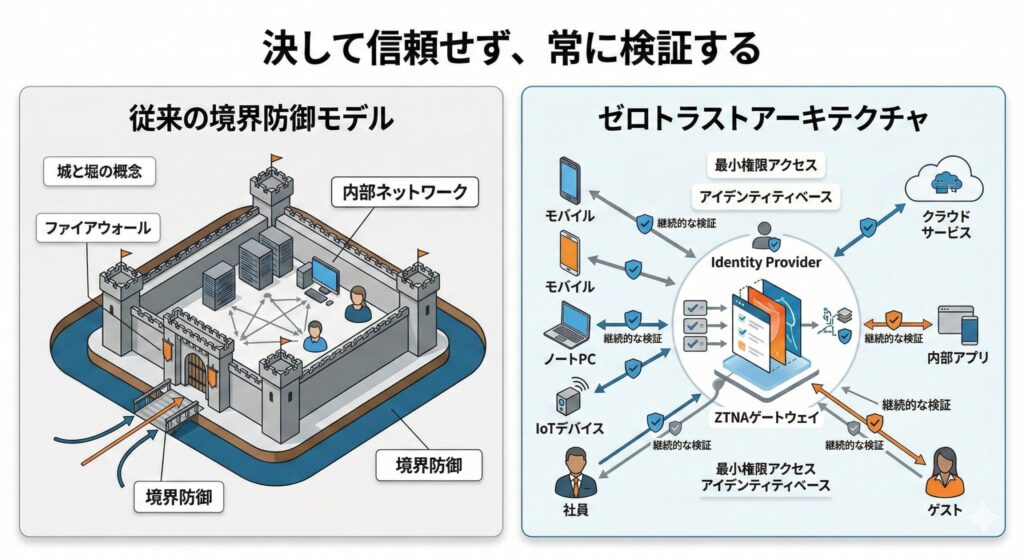 従来の境界防御モデルとゼロトラストアーキテクチャの比較構成図