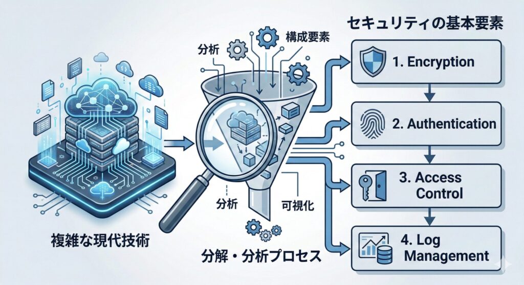 最新技術をセキュリティの基本要素に分解・分析するプロセスの概念図