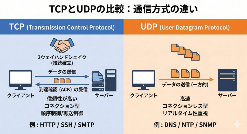 TCPとUDPの通信モデルを比較した図。TCPは接続確立・確認応答あり、UDPはコネクションレスでリアルタイム性重視。