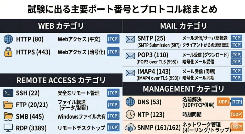 主要プロトコルとポート番号の一覧表。Web・メール・リモートアクセス・管理の各カテゴリ別にTCP/UDPの区別も示す。