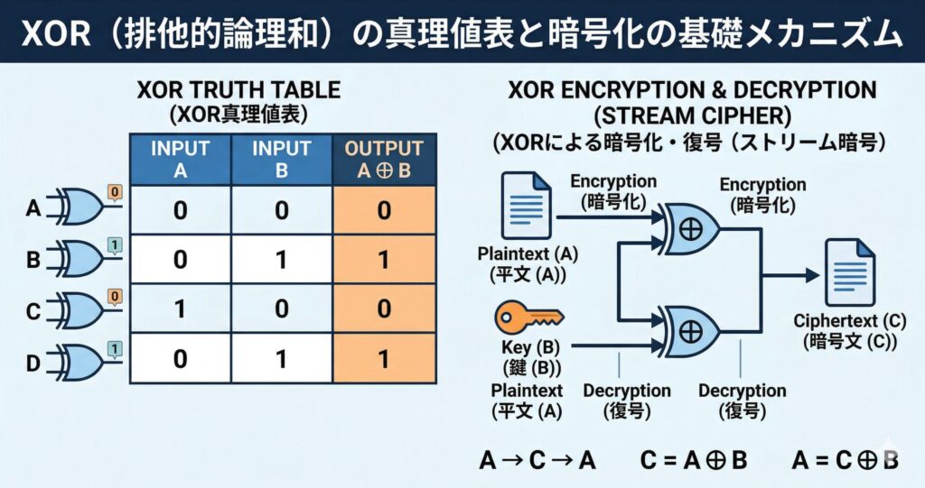 XOR（排他的論理和）の真理値表と、それを利用した暗号化・復号の可逆性を示す概念図