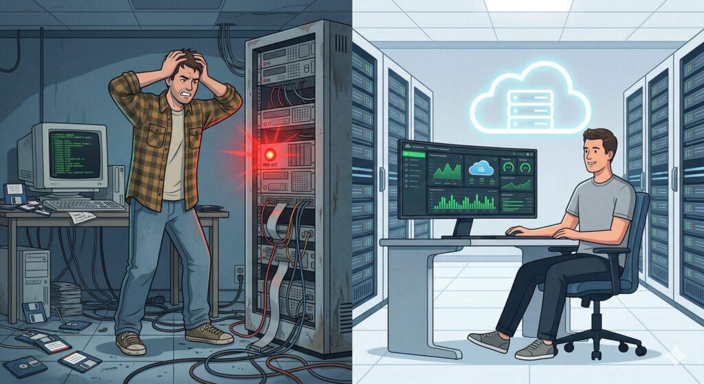 1990年代後半のサーバルームでハードディスクのアクセス集中（スラッシング）に直面するエンジニアと現代のクラウドの対比図