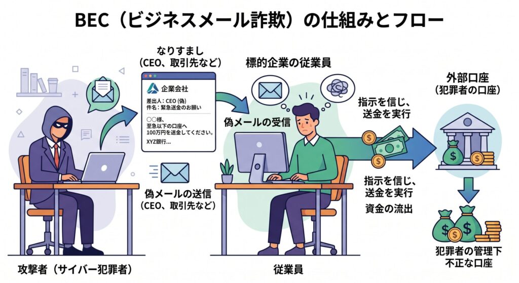 BECの攻撃概念図：攻撃者が社内の経営者や取引先になりすまし、偽のメールで従業員に不正送金させる流れ